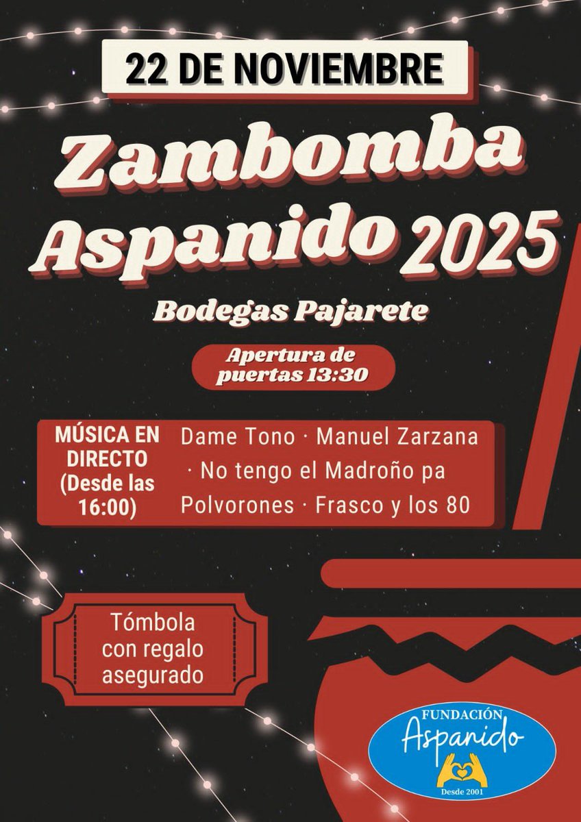🎄 El 22 de noviembre celebramos la #ZambombaAspanido2025 en Bodegas Pajarete. 

🕣 Apertura 13:30

🎶 Música desde las 16:00 (Dame Tono, Manuel Zarzana, No tengo el Madroño pa Polvorones, Frasco y los 80)

🎁 Tómbola con regalo asegurado.
Apoya a <a href="/AspanidoJerez/">Aspanido Jerez</a> y difunde ❤️