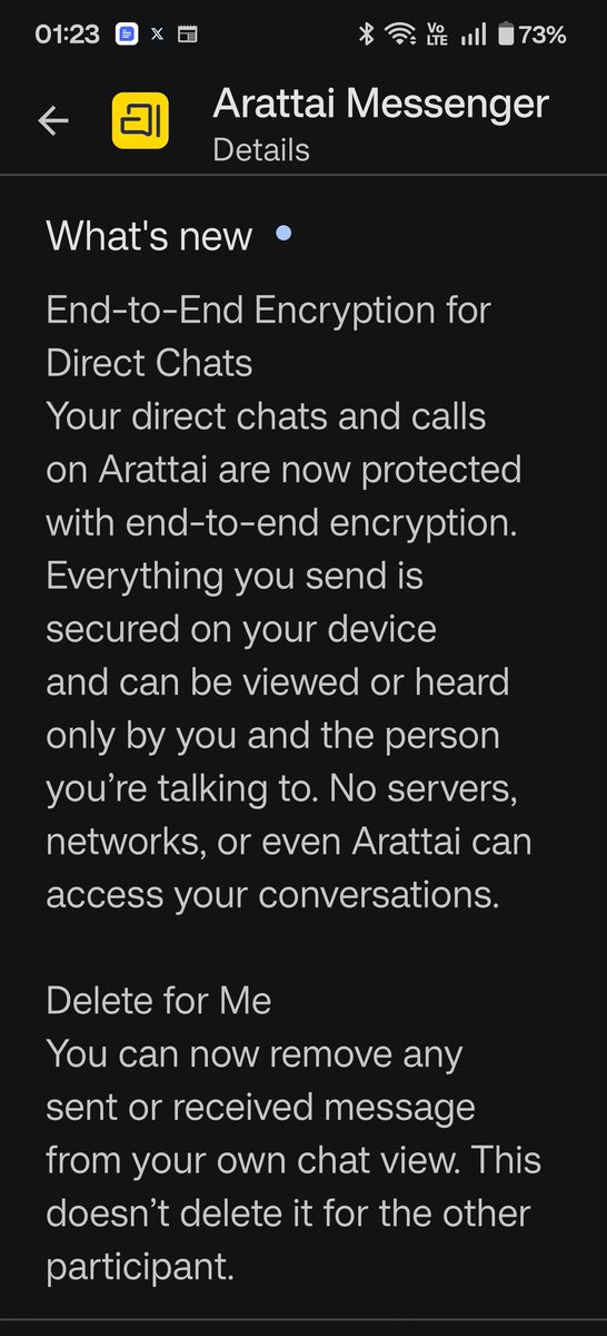 Latest update brings End To End encryption to Arratai. They brought in just 1 month of people questioning about it. But certainly the political section has done enough bad mounting of this app ...