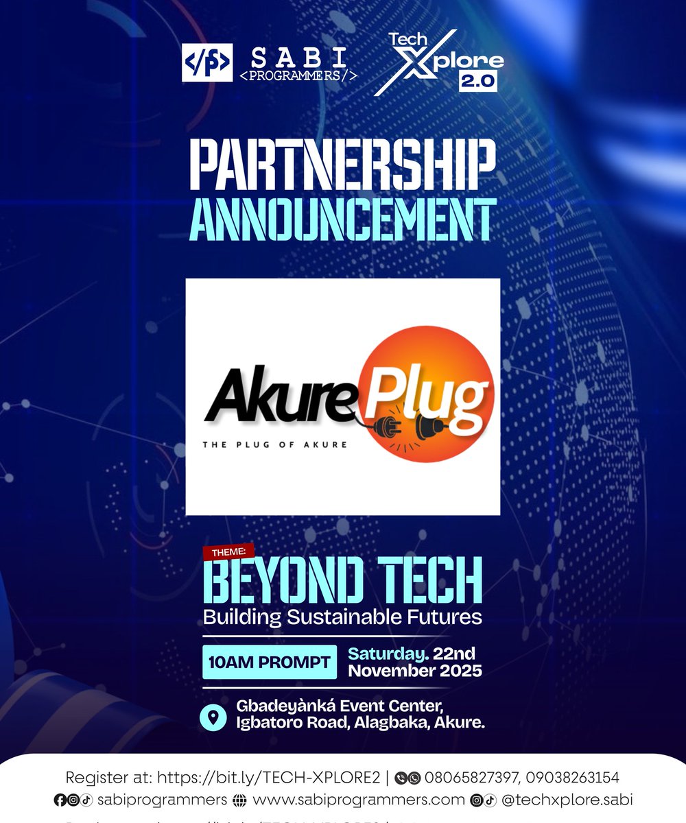 SabiProgrammers's tweet image. Officially announcing our partnership with @AkurePlug. They explore culture, entertainment and lifestyle.

To connect with these amazing people, register and attend tech xplore 2.0 for free 

Registration link in the first comment

#techxplore #akureplug #akuretect #techevent