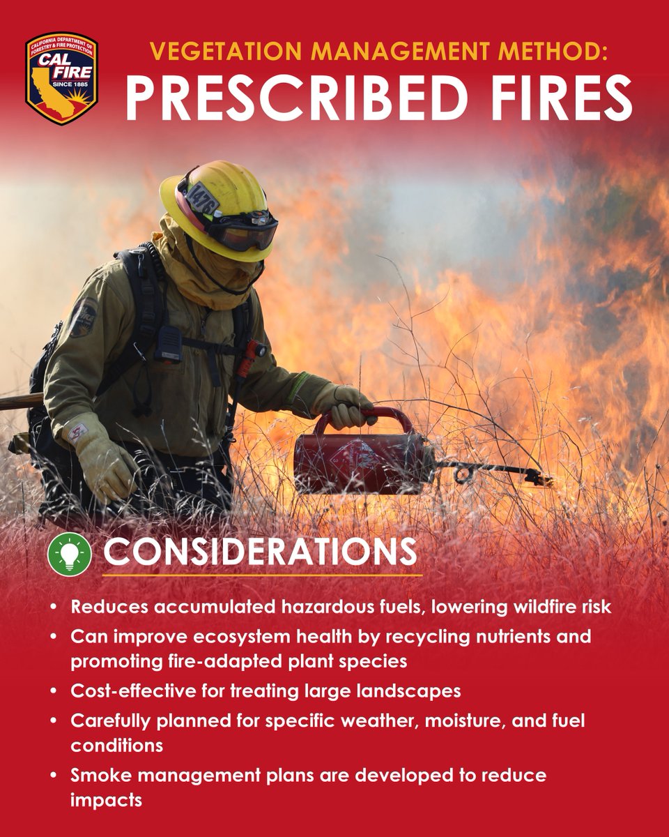 CAL_FIRE's tweet image. CAL FIRE and our partners use several proven methods to reduce vegetation and lower wildfire risk across California. 🌿

Each project, whether it’s mastication, manual clearing, targeted grazing, or beneficial fire, helps protect communities and improve landscape health.…