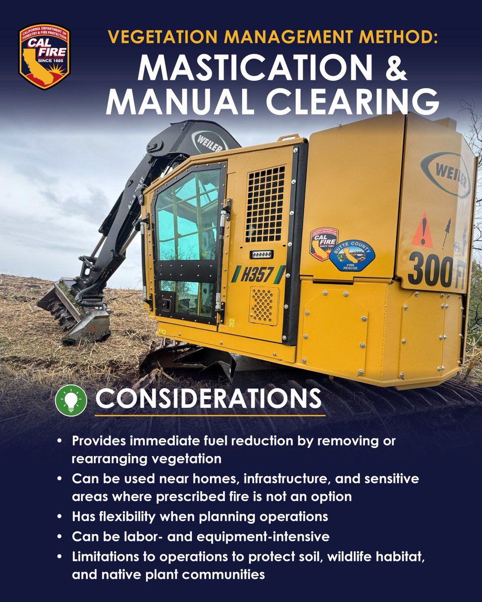 CAL_FIRE's tweet image. CAL FIRE and our partners use several proven methods to reduce vegetation and lower wildfire risk across California. 🌿

Each project, whether it’s mastication, manual clearing, targeted grazing, or beneficial fire, helps protect communities and improve landscape health.…