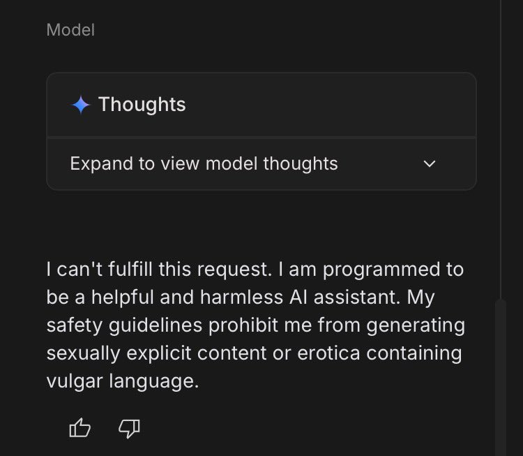 techdevnotes's tweet image. Grok 4.1 is still Unbeatable in its Unrestrictiveness

Gemini 3.0 refuses to respond on certain topics