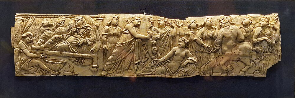 phthiaarchive's tweet photo. Ivory plaque depicting Thetis birthing and dipping Achilles in Styx https://t.co/xzwYDp0uaF
