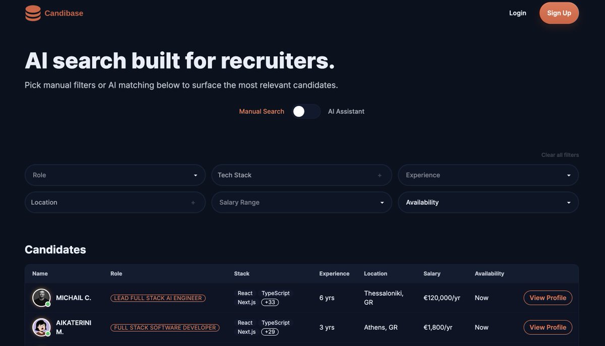 mike_chionidis's tweet image. 🚀 Excited to announce I&apos;m about to launch Candibase!

It&apos;s an AI-powered platform for recruiters and founders to find the perfect developer in seconds. 
No endless LinkedIn scrolling required.

Pick candidates with smart AI matching or use manual filters to quickly discover top…