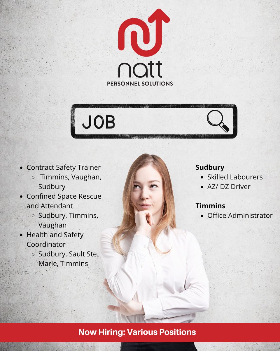 We’re excited to share our latest job opportunities, designed for individuals who are passionate, driven, and eager.

View more nattpersonnelsolutions.ca/now-hiring-job…  and apply online or send your resume to Cindy jobs@nattgroup.ca.