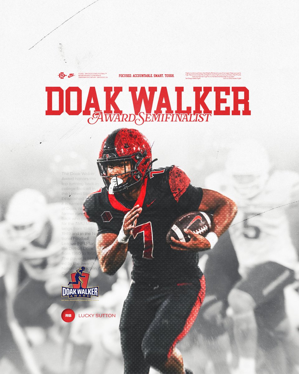 AztecFB's tweet image. Nothing lucky about it 🫡

Lucky Sutton has been named a semi-finalists for the Doak Walker Award. The @DoakWalkerAward is presented to the nations most outstanding running back. Lucky has been a force for the Aztecs and is only just getting started! Congratulations Lucky!

📰:…