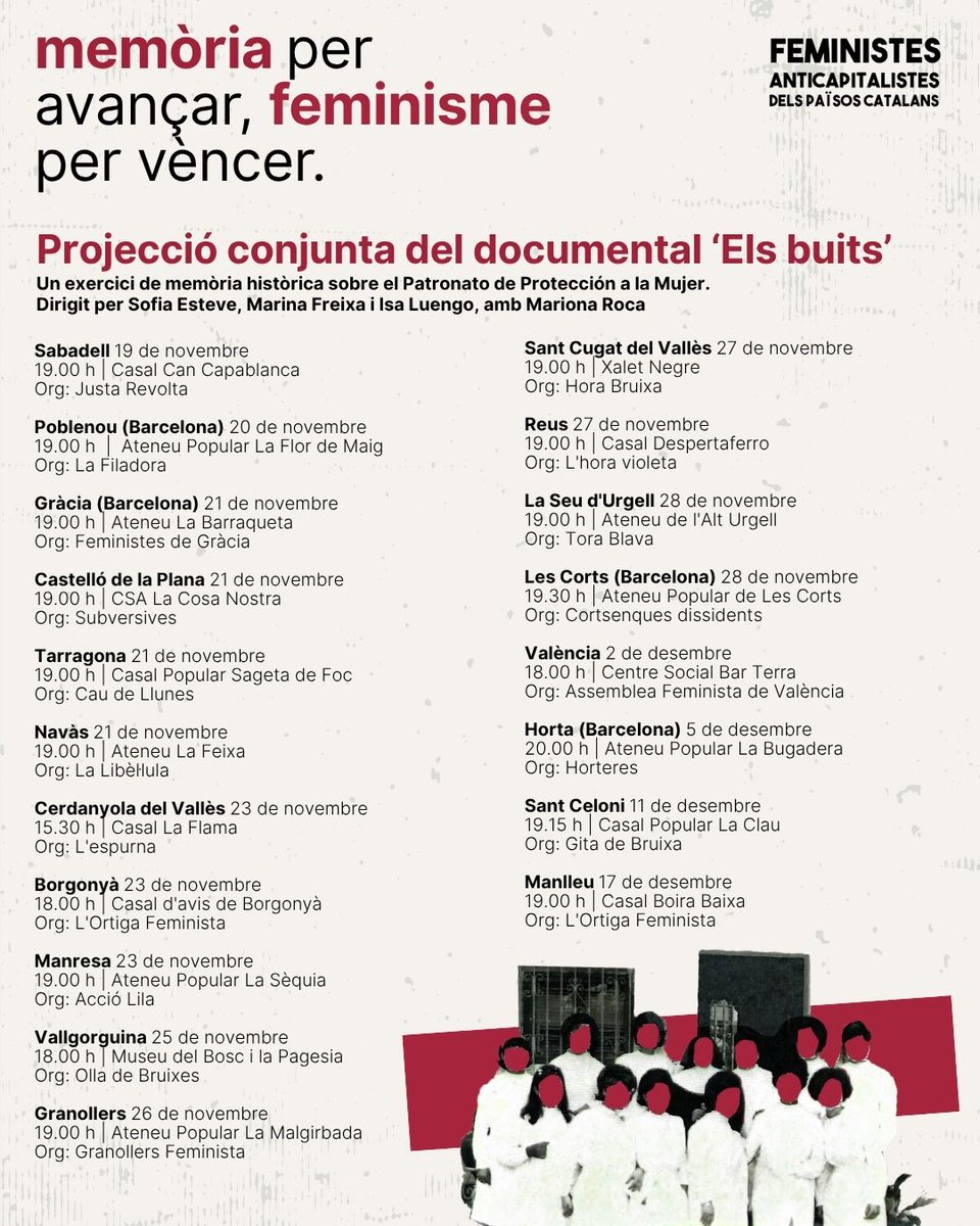 🎞 Projecció conjunta del documental 'Els buits' En motiu dels 50 anys de la mort del dictador, la Xarxa de Feministes Anticapitalistes dels Països Catalans organitzem una projecció conjunta per la memòria històrica i la lluita contra l'oblit.