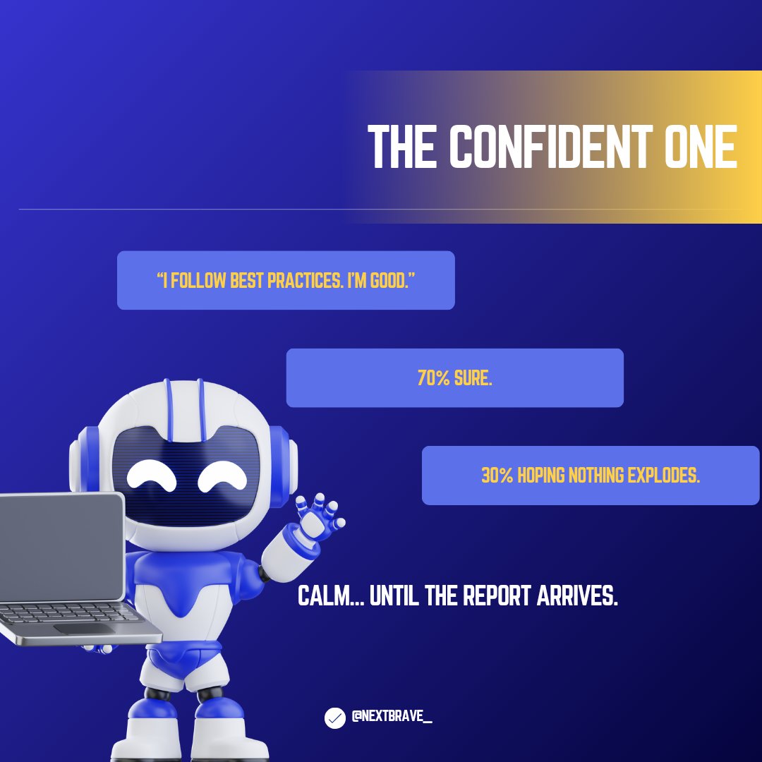 nextbrave_'s tweet image. 🕵️‍♂️ Every security audit exposes code… and personalities

😎 The Confident
😱 The Panicker
🧘 The Minimalist

Be honest, which one are you during an audit?

#CyberSecurity #InfoSec #DevSecOps #Developers #CodingLife #AppSec #EngineeringHumor #TechTwitter #SecureCoding #Security