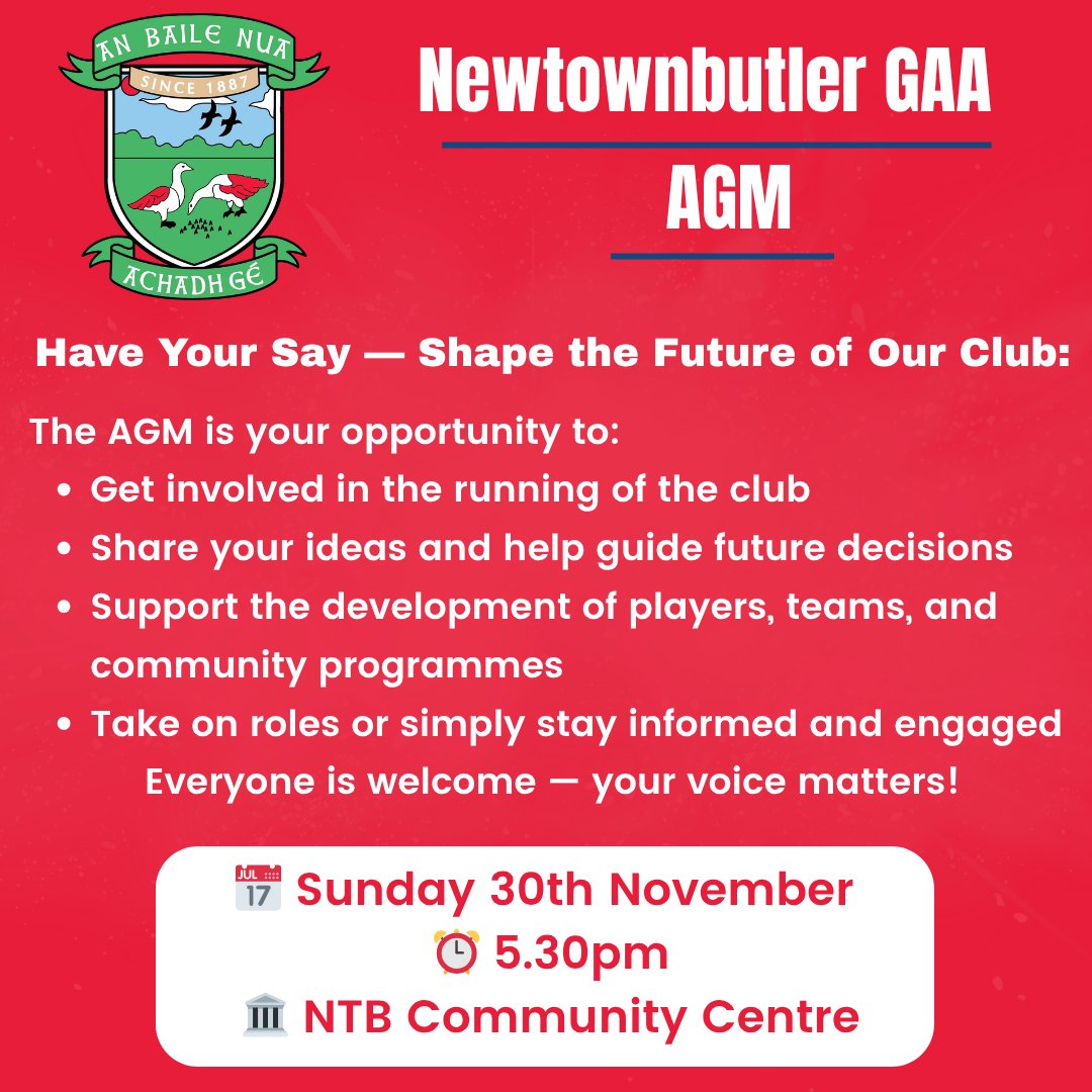 FirstFermanaghs's tweet image. Annual General Meeting (AGM) - Nominations Now Open
Get all the latest news on the Newtownbutler First Fermanagh's GAA app member.clubspot.app/club/newtownbu…