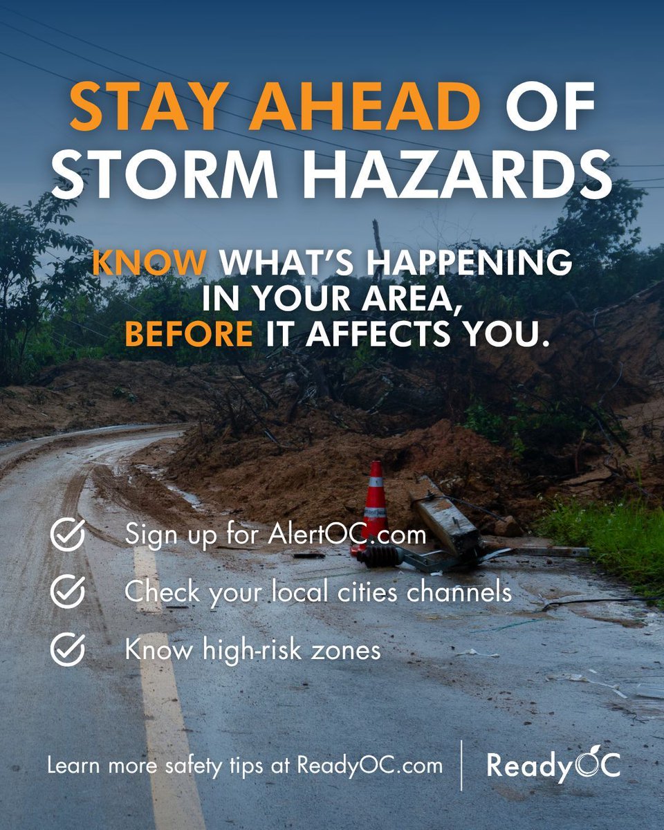 Heavy rain is impacting Southern California, and conditions can change fast — especially in burn scar areas and steep hillsides across Orange County.

Stay informed and stay ahead of hazards:

🌧️ Sign up for AlertOC for real-time emergency notifications
🚧 Check local city