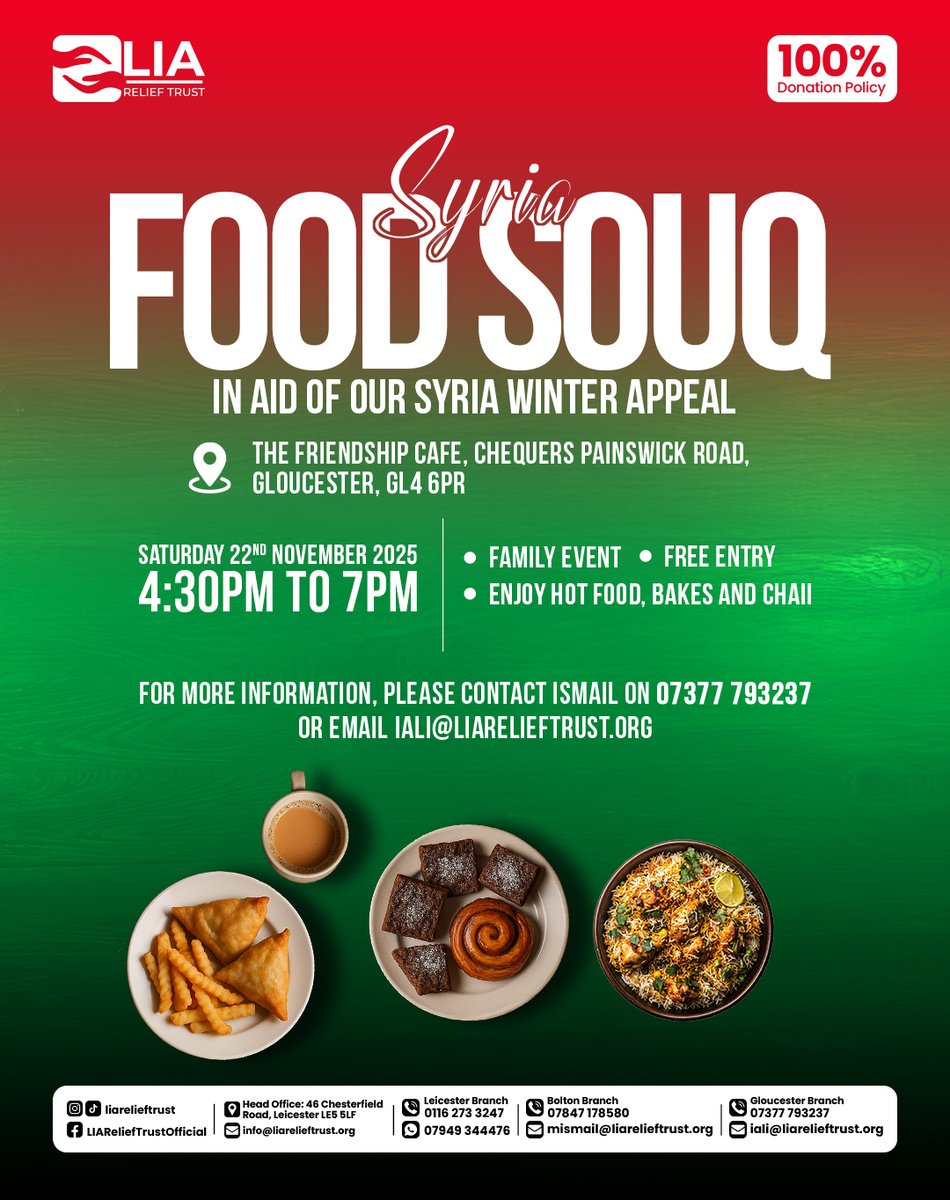 LIAReliefTrust's tweet image. Join us for an evening of food, chaii and community — all to support Syrian families this winter. ❤️🇸🇾

📍 Friendship Cafe, Gloucester | 4:30–7pm

Info: 07377 793237 | iali@liarelieftrust.org

#LIAReliefTrust #SyriaAppeal