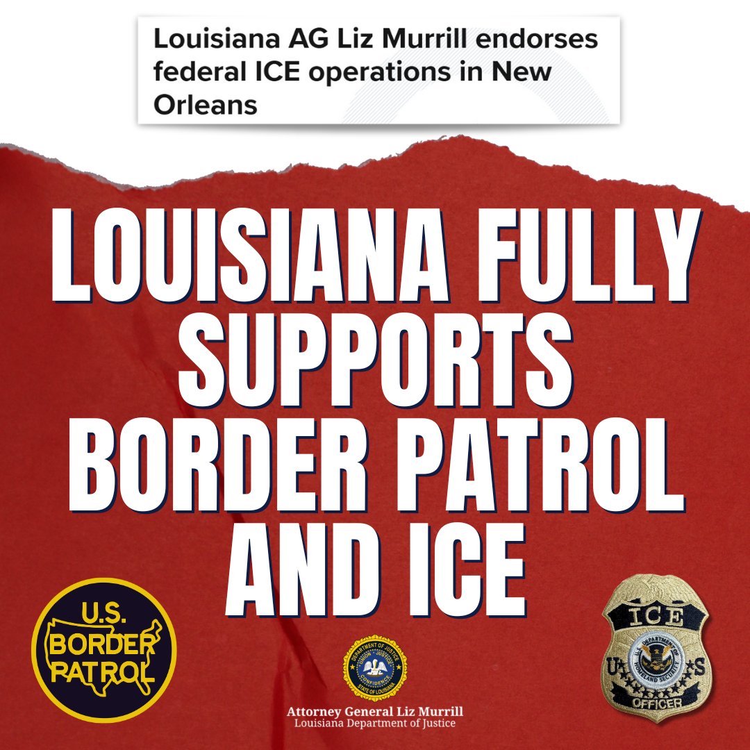 AGLizMurrill's tweet photo. Louisiana fully supports U.S. Border Patrol and @ICEgov, and all their agents who are rapidly making our State and country safer by taking criminal illegal aliens off of the streets and back to where they belong. State law prohibits interfering with federal immigration enforcement - and I fully expect that all law enforcement and local officials will not obstruct federal authorities and will enforce state law to protect people and property. 

New Orleans has seen a high number of violent crimes committed by illegal aliens, including Kristie Thibodeaux who was shot to death in the French Quarter. I support ICE operations that ensure violent criminals are removed and ensure legal immigration policies are respected and followed. #lalege