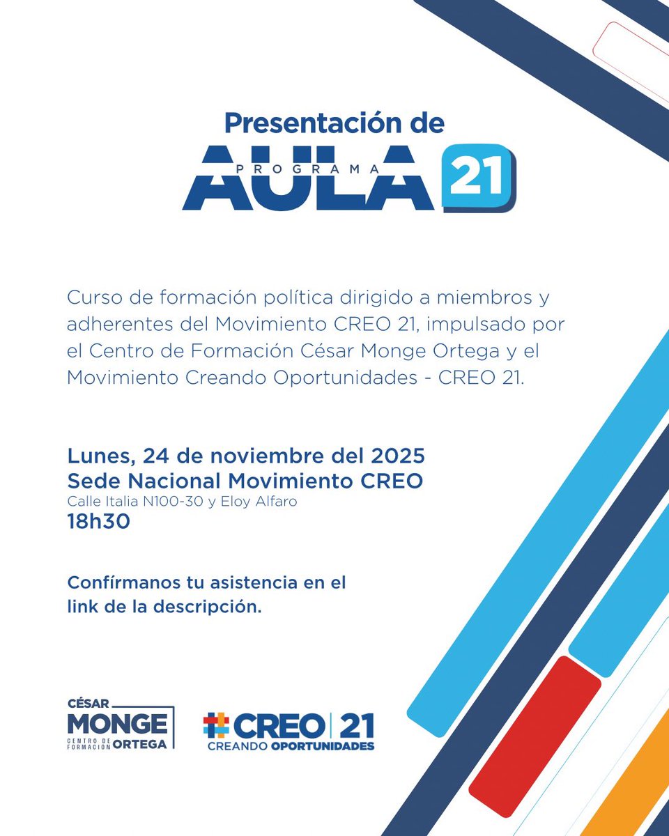 Junto a <a href="/CREOEcuador/">Movimiento CREO Ecuador</a> invitamos a la presentación de Aula 21.

Un espacio para fortalecer los principios que nos inspiran y la visión país del movimiento.

📅 Lunes 24 de noviembre
🕕 18h30
📍 Sede Nacional CREO – Italia 214 y Eloy Alfaro, Quito

Registro  forms.gle/gzhP6iEc63eZ9c…