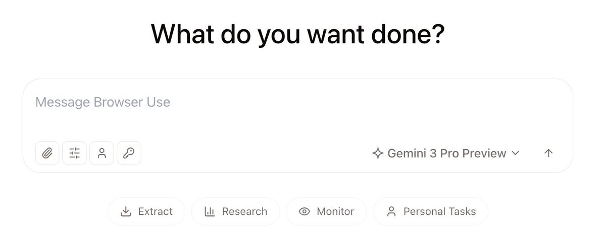 browser_use's tweet image. What do you want done?

Gemini 3 Pro on BU Cloud!