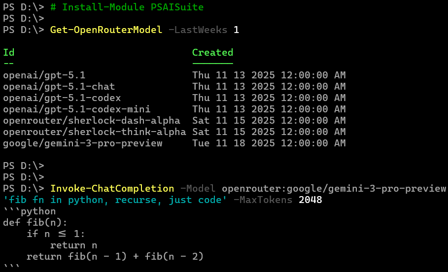 dfinke's tweet image. Gemini 3 Pro in vs @code (left)
And in your console with #PowerShell (right)