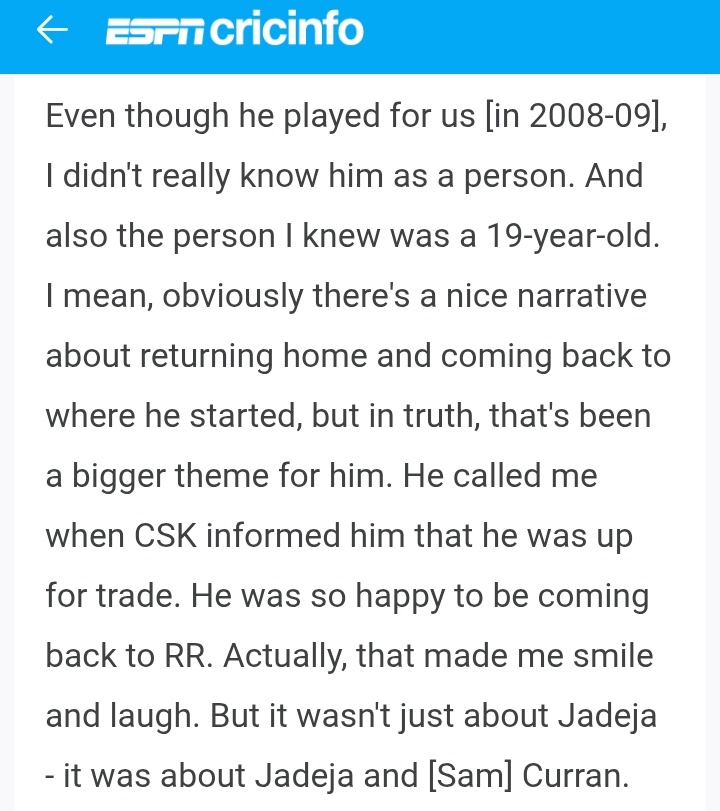 7tillexistence's tweet image. So Finally the recent Espn exclusive interview with Manoj Badale the RR owner clears the doubt regarding Trade saga. He clearly says that Jaddu reached out to him only when, Csk informed him about the trade. 

Our Loyal Blood Always, Warrior💛