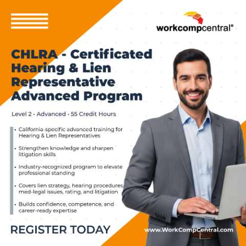WorkCompCentral's tweet image. 📣 CHLRA Enrollment Is Open!
Level up with advanced California training in liens, hearings, med-legal issues, rating, and litigation.
👉 Earn a credential that sets you apart in workers’ comp.

#workerscomp #training #CHLRA #workcompcentral
