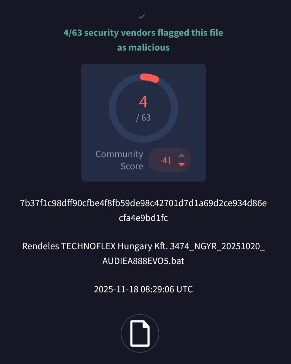 smica83's tweet image. Looks like a #Guloader variant from Hungary 
&apos;Rendeles TECHNOFLEX Hungary Kft. 3474_NGYR_20251020_AUDIEA888EVO5.bat&apos; 
bazaar.abuse.ch/sample/7b37f1c… 
Domain: 
vakuumklima(.)hu
IP: 
185.111.89(.)190