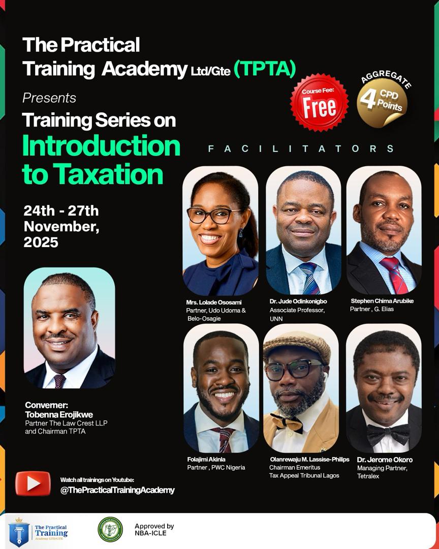 TobennaErojikwe's tweet photo. The Practical Training Academy Ltd/Gte (TPTA) completed its 4-day FREE training on Intellectual Property Law, last week.

We were excited to have over 3,000 participants at the trainings. Notable IP lawyers including, Nta Ekpiken Nkpang, Femi Agaba, Chinasa Uwana, Ngozi Aderebigbe and Christain Aniukwu facilitated these very illuminating trainings. We are grateful to all the facilitators for their kindness towards members of the legal profession and indeed to the TPTA. We have received many  testimonials regarding the quality of the courses. 

We are also happy to announce that the 4- Day Series on Taxation Law will start on  the 24th of November and end on the 27th of November, 2025. The faculty for the training is made up of leading Tax Law practitioners including Mrs Lolade Ososami, Dr Jude Odinkonigbo, Dr Jerome Okolo, Olarenwaju M. Lassise- Philips, Stephen Chima Arubike and Folajimi Akinola. 

The flier and registration links for the sessions are attached.
