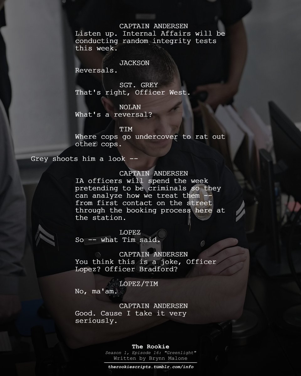 rookie_scripts's tweet image. Tim and Angela don&apos;t like reversals. (Deleted Action)

— THE ROOKIE
Season 1, Episode 16: “Greenlight”
Written by Brynn Malone

#TheRookie #TheRookieScripts