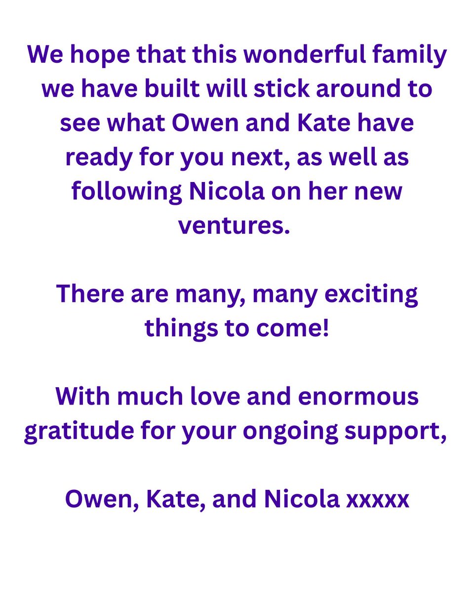 A statement from Nicola, Owen, and Kate 💜 All our subscribers have been emailed 💜