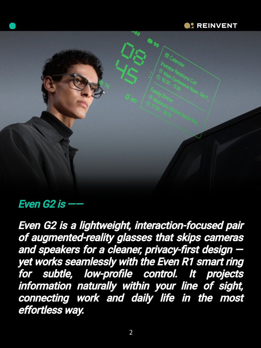 AI_Reinvent's tweet photo. Meet Even G2 — the ring-controlled AI + AR glasses redefining natural interaction.
👓💍

🔥 Why it’s cool:
✓ HAO 2.0 spatial display
✓ Low-profile ring control
✓ Lightweight build
✓ Health sync 
#EvenG2 #ARglasses #wearabletech #smartinteraction #AIAR https://t.co/ym11ApSVHY