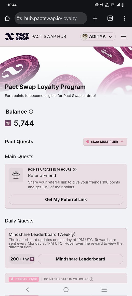 Aditya308864525's tweet image. Just reached Rank #96 on the @Pact_Swap  leaderboard 🎯

⭐ Hit my first mindshare reward milestone too 600 PACT points earned 🔥

⭐ Stay active, claim daily, complete tasks, and post quality content on X… you can climb fast too

Next target: Under Top 50 🚀

#PACTSWAP