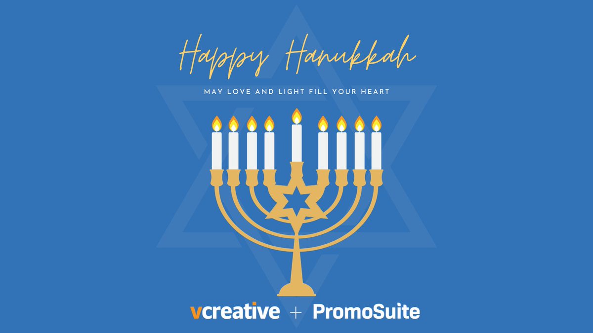 PromoSuite's tweet photo. Happy Hanukkah from all of us at PromoSuite &amp; vCreative!  May this Festival of Lights bring warmth, happiness, and togetherness to you and your loved ones. https://t.co/i4WAoKoUqX