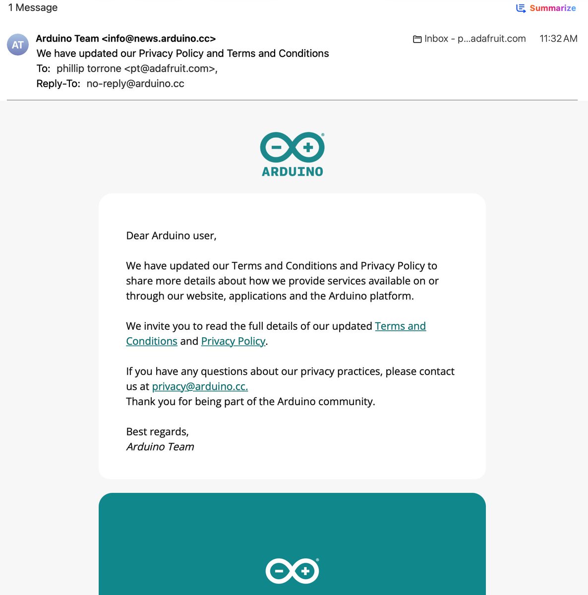 ptorrone's tweet image. there are no llms online today, everything is faceplanted through cloudflare, which makes it a perfect day to slip out the worst possible updates, rug-pulls, and files am i right? qualcomm arduino just pushed a privacy policy and terms qualcomm-rewrite TODAY that reads like…