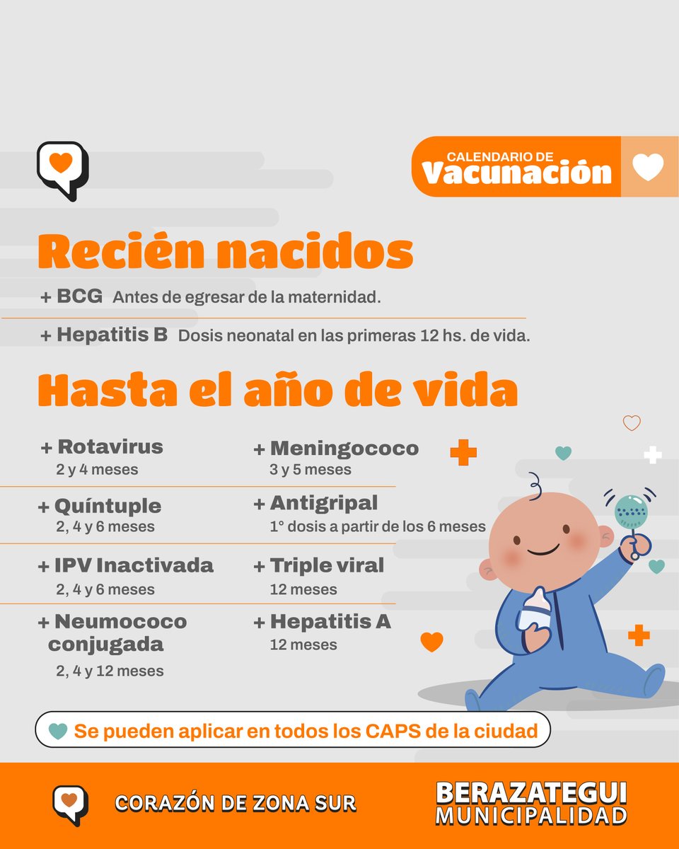 MuniBerazategui's tweet image. ¿Conocés el Calendario Nacional de Vacunación según la edad?
👉 Dirigite al Centro de Salud más cercano y consultá cuáles te corresponden. Se aplican gratuitamente.
+Info en berazategui.gob.ar/salud. 
#Berazategui #BerazateguiCorazónDeZonaSur