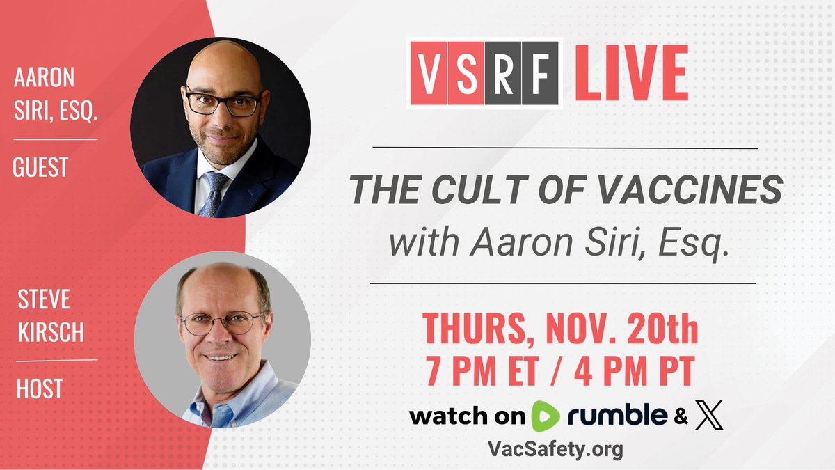 VacSafety's tweet image. 🔥 This Thursday on VSRF LIVE — the amazing Aaron Siri @AaronSiriSG  joins Steve @stkirsch  to discuss his new book Vaccines, Amen: The Religion of Vaccines. 

He’s bringing the receipts — don’t miss it.

🗓 Thursday Nov 20 | 7pm ET
📺 Rumble + X -- rumble.com/v71vzm0-episod…