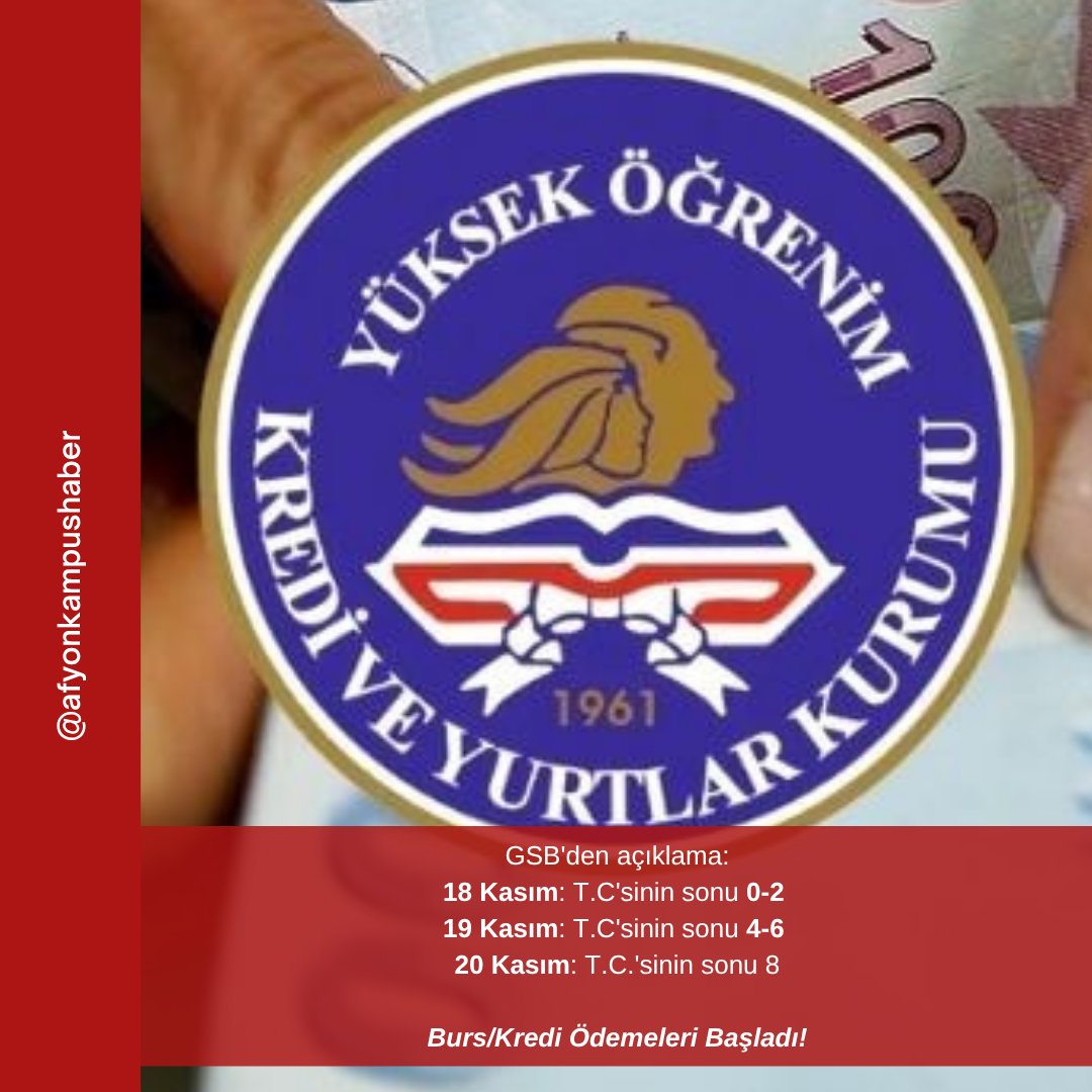📢Burs ve Kredi Ödemeleri Başladı!

GSB'den açıklama:

18 Kasım: T.C'sinin sonu 0-2
19 Kasım: T.C'sinin sonu 4-6
20 Kasım: T.C.'sinin sonu 8

#Burs #Kredi #Öğrenci #KYK #GSB