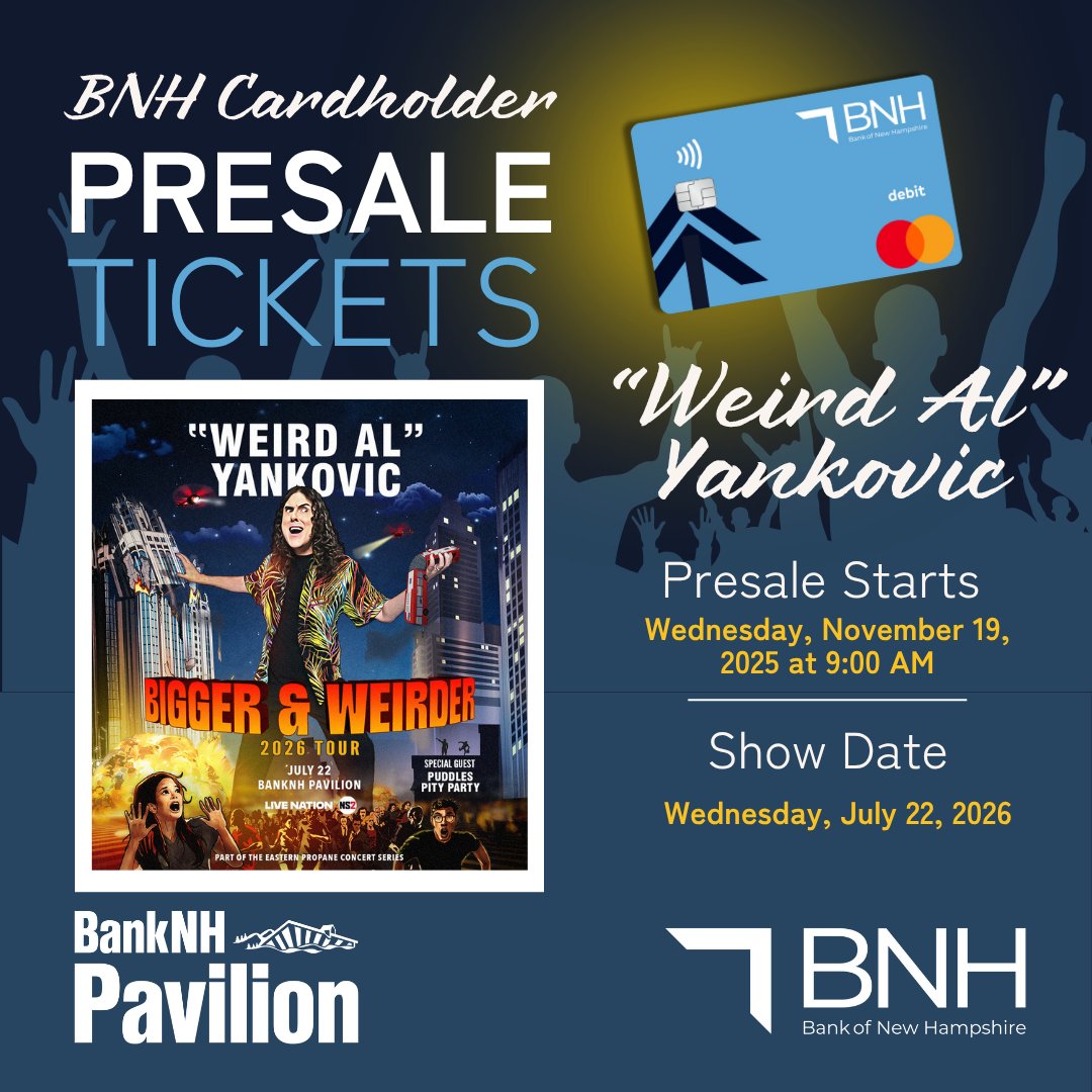Attention BNH cardholders! 🔔 Exclusive presale* ticket inventory for "Weird Al" at BNH Pavilion is at your fingertips! Set your alarms for 9:00 AM on Wed, Nov 19th and be first in line to grab your seats.

 Learn more about BNH Cardholder Presales: bnh.bank/about/bank-of-…