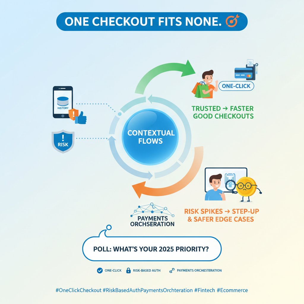 paytring's tweet image. One checkout fits none. 🎯 Technical: device + history + risk → contextual flows: one-click for trusted, step-up when risk spikes. Result: faster good checkouts, safer edge cases. Poll: What’s your 2025 priority?

#OneClickCheckout #RiskBasedAuth #PaymentsOrchestration #Fintech…