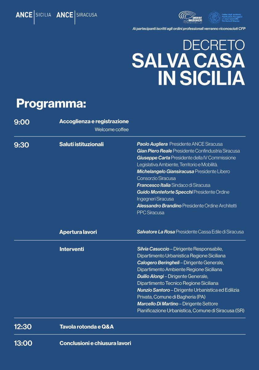 Il Decreto Salva Casa in Sicilia: opportunità e prospettive tra urbanistica, edilizia e ambiente – Sala Gianformaggio – Confindustria Siracusa – Viale Scala Greca 282, Siracusa – 21/11/25 Ore 09:00

sicilia.ance.it/2025/11/12/il-…
