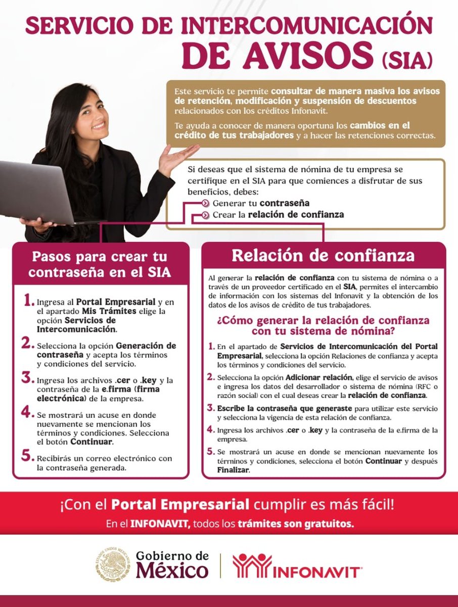 CanacoTapachula's tweet photo. SIA-Desarrolladores Certificados
El Servicio de Intercomunicación de Avisos (SIA), te permite consultar desde tu sistema de control de nómina de forma masiva los avisos de retención, modificación de factor y suspensión de descuentos
Mas Informacion: https://t.co/z9WCSNsHEJ https://t.co/ejeqpDun3y