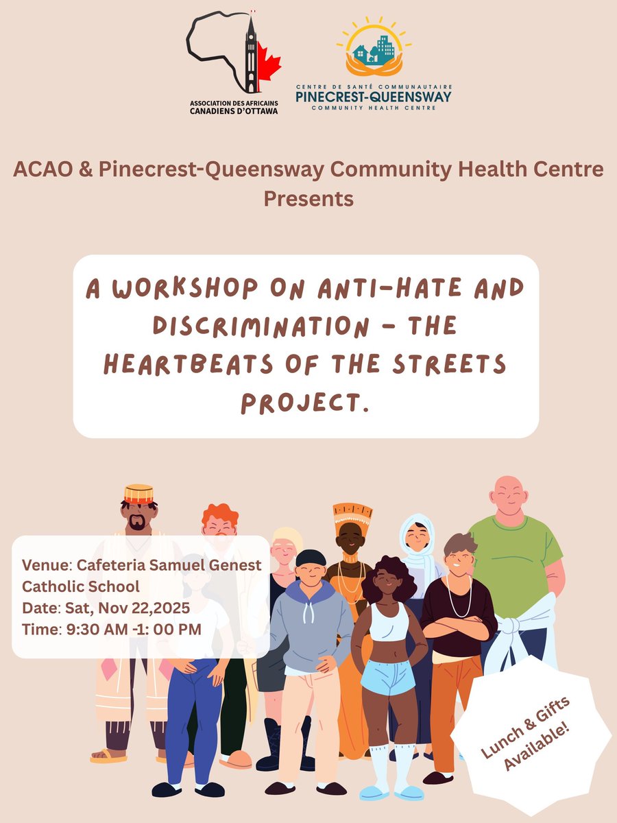 Join ACAO &amp; Pinecrest-Queensway CHC on Sat, Nov 22, 2025 (9:30 AM - 1:00 PM) for "The Heartbeats of the Streets Project" workshop. Learn Anti-Hate &amp; Bystander strategies. Lunch provided!

Register now:

#AntiHate #CommunitySafety #ACAO #Youth #Ottawa