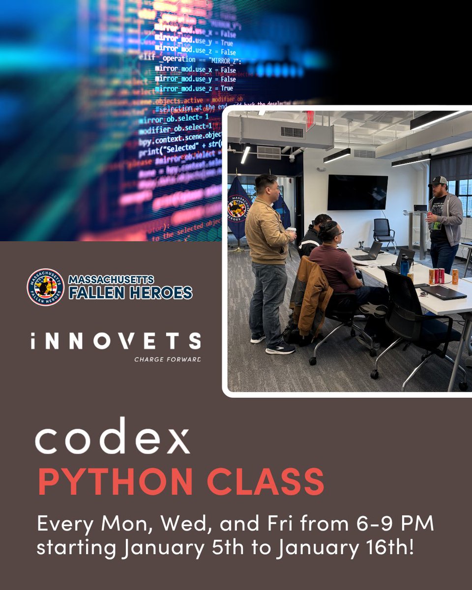 InnoVets_US's tweet image. Build your tech skills with the free CodeX Python Class — open to Veterans, Service Members, Guard/Reserve, and Gold Star Families.
📍Jan. 5-16 6–9 PM Mon/Wed/Fri
All materials + computers provided. Parking passes available.
Register: innovets.org/codex-intro-to…