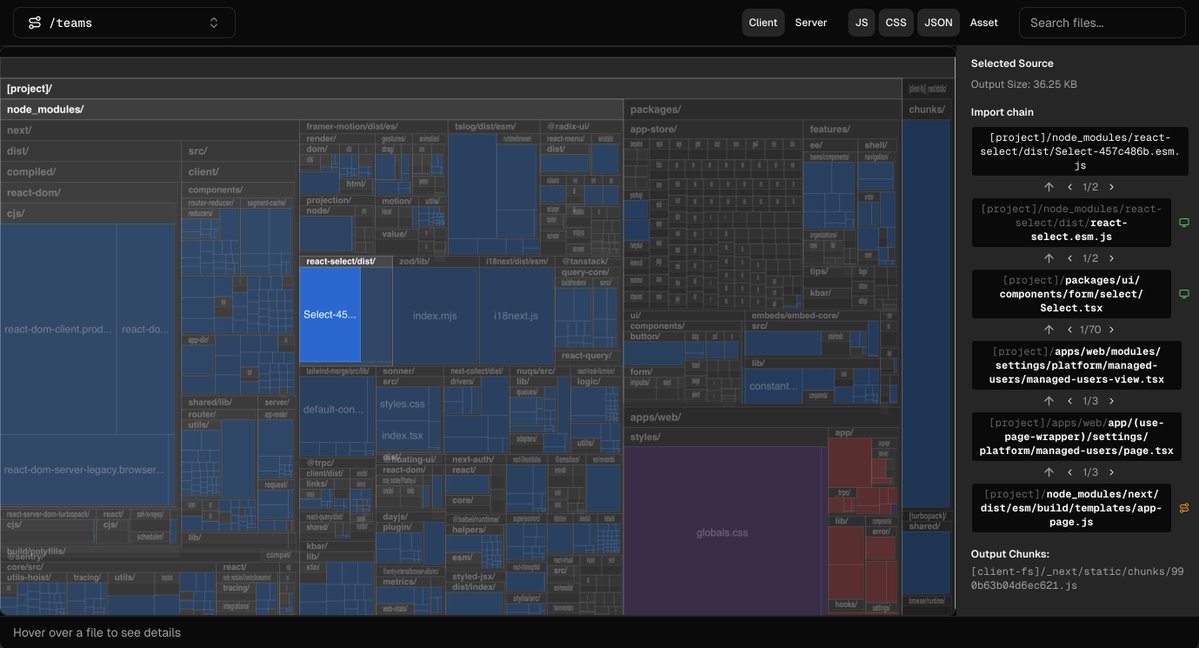 timneutkens's tweet image. We&apos;ve been working on something new:
Turbopack / Next.js bundle analyzer.

It&apos;s fully aware of Next.js routes and the Turbopack module graph.

You no longer have to guess where a module is loaded. 
It shows the full import stack so that you can easily find where the module is…