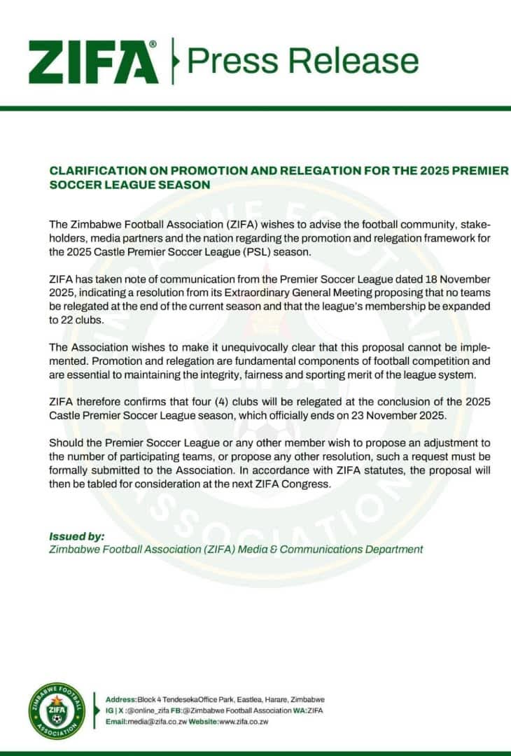 ZIFA has confirmed that four clubs will be relegated at the end of the season, dismissing earlier communication from the Premier Soccer League suggesting there would be no relegation.