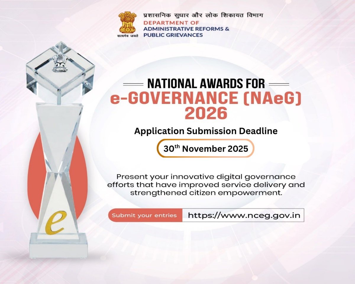 DARPG_GoI's tweet image. 📢 Showcase Your Leadership in Digital Governance!

The National Awards for e-Governance (NAeG) 2026 features 7 award categories designed to recognize excellence across diverse areas of digital transformation. 

If your initiative is driving better service delivery, improving…