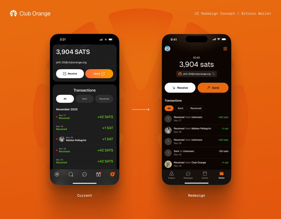 Reminder: You can just design things.

I subscribed to a lifetime membership to <a href="/cluborange/">Club Orange</a> some time ago, and after their recent rebrand from "Orange Pill App" to "Club Orange," I've been tinkering with redesigning their app for fun.

Before → After of the wallet section 👇