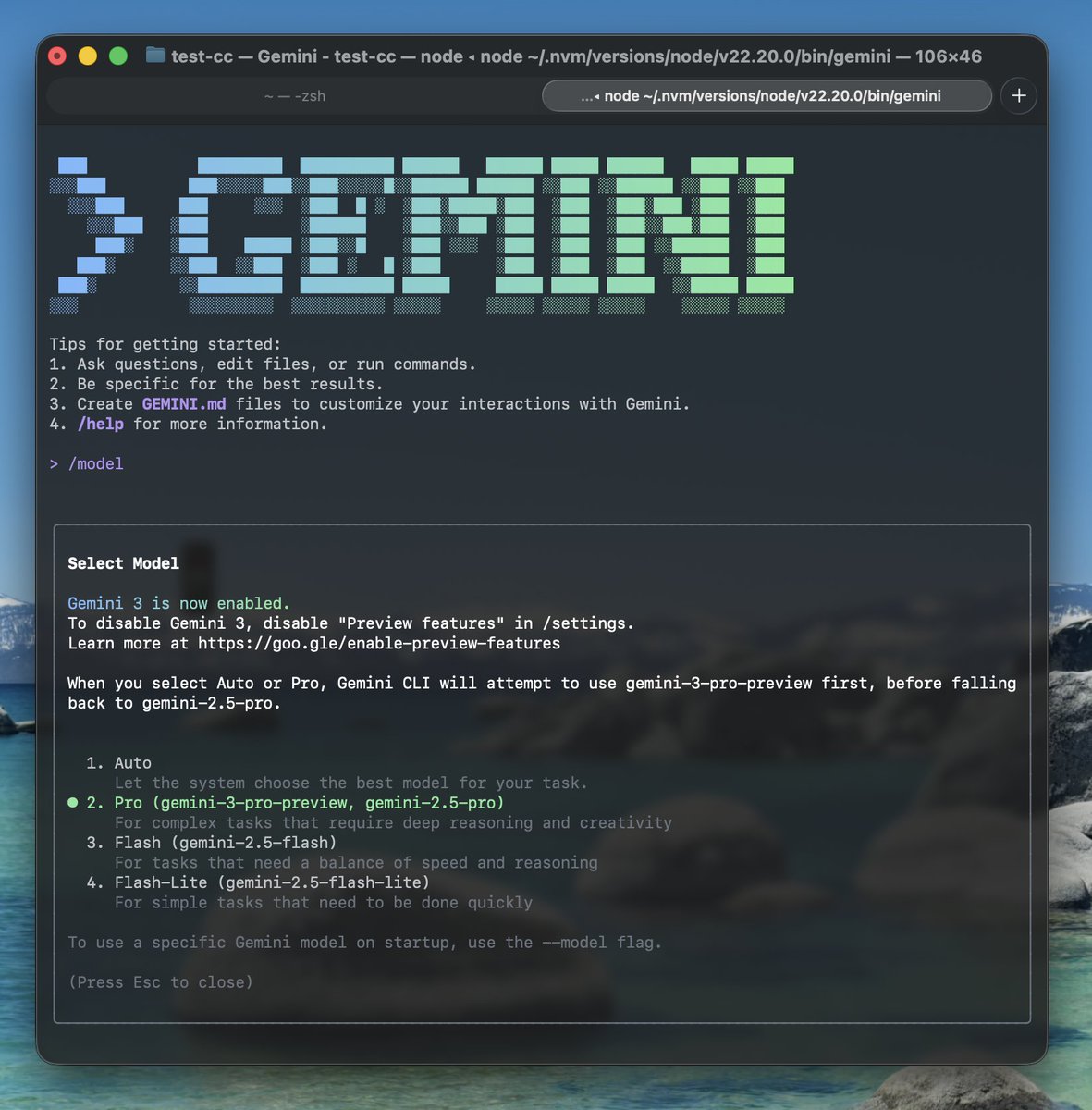 oikon48's tweet image. Gemini CLIに gemini-3-pro-preview きたー！ 
/settings からPreview Featuresをtrueにすることで、/model にGemini 3 が表示されるようになりました！