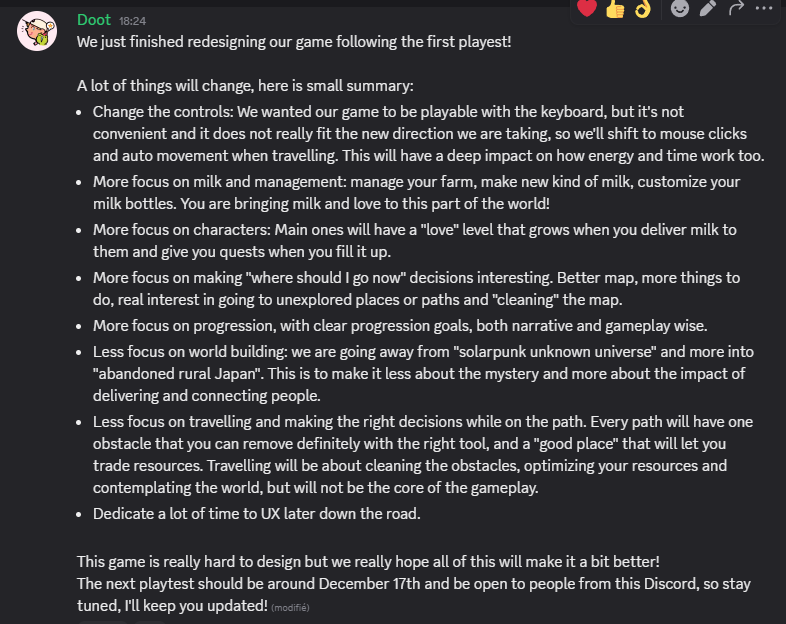 doot_dodo's tweet image. We just finished redesigning our game following our first playtest! This was a lot of work, and this game feels really hard to do right, but we&apos;ll do our best 💌 Here are some screenshots of a summary of decisions made and the analysis of playtesters&apos; feedback (in French 🥖)