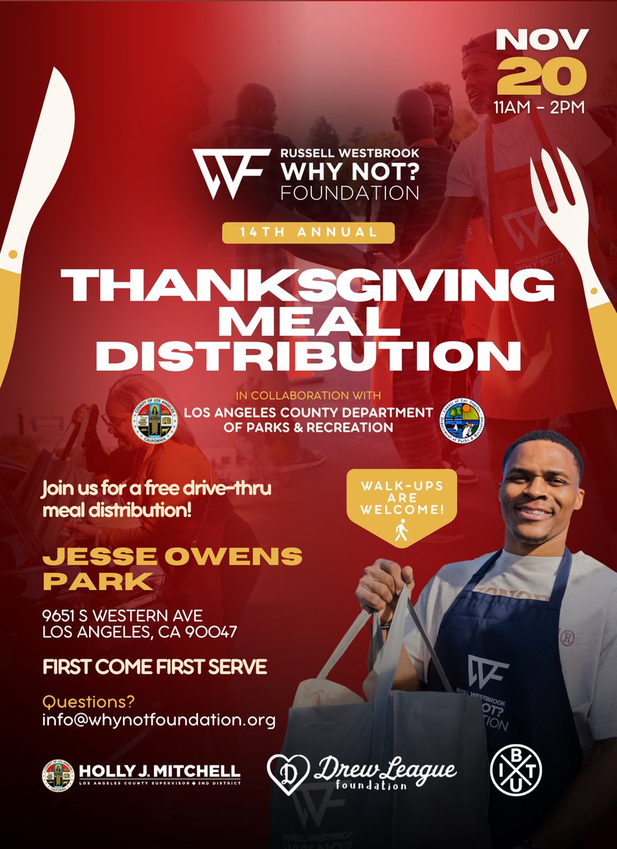 WhyNotFdn's tweet image. We can’t wait to come together for our 14th Annual Thanksgiving Meal Distribution!

Join us this Thursday for free meals, community, and holiday cheer with our Los Angeles family.

Walk-ups welcome! Celebrate with us.

📅 Thursday, Nov. 20
📍 Jesse Owens Park
🕚 11 – 2PM PT
