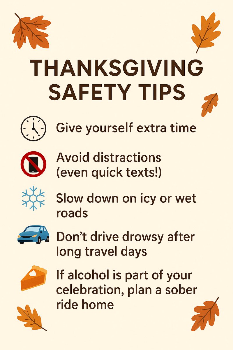 MindellFirm's tweet photo. 5 Thanksgiving travel safety reminders 🦃⬇️

Tweet 2:
1️⃣ Give yourself extra time ⏰
2️⃣ Avoid distractions ⚠️
3️⃣ Slow down in bad weather ❄️
4️⃣ Don’t drive tired 😴
5️⃣ Plan a sober ride 🚙👍🏼

We’re here if you need us! Give us a call at 248-353-5595. https://t.co/LgGXyeajF6