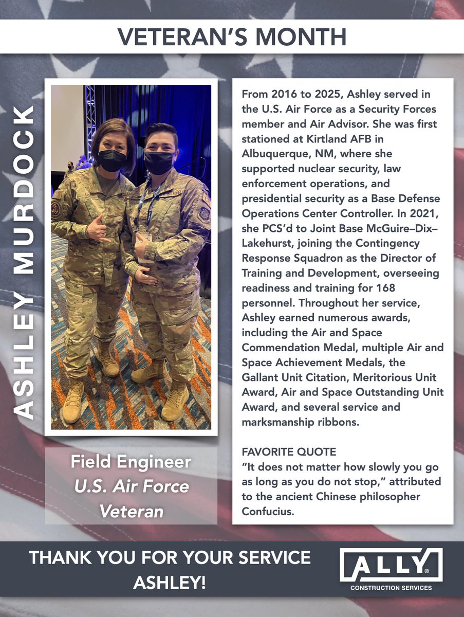 ALLYconstructs's tweet image. Today, we’re honored to highlight Ashley Murdock, who recently joined ALLY full-time as a Field Engineer after completing her SkillBridge internship. Join us in celebrating her service and welcoming her to the ALLY family!