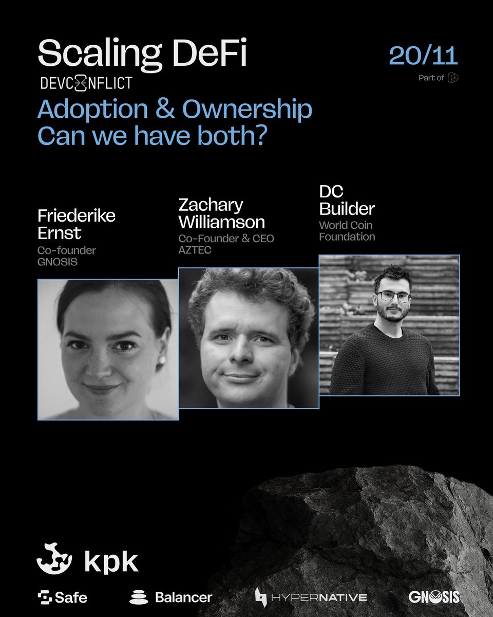 kpk_io's tweet image. During our Scaling DeFi event, we’re hosting a special edition of #DevConflict moderated by @tw_tter from @gnosisdotio. 

The Adoption &amp;amp; Ownership panel features @Zac_Aztec from @aztecnetwork and @dcbuilder from @worldcoinfnd.