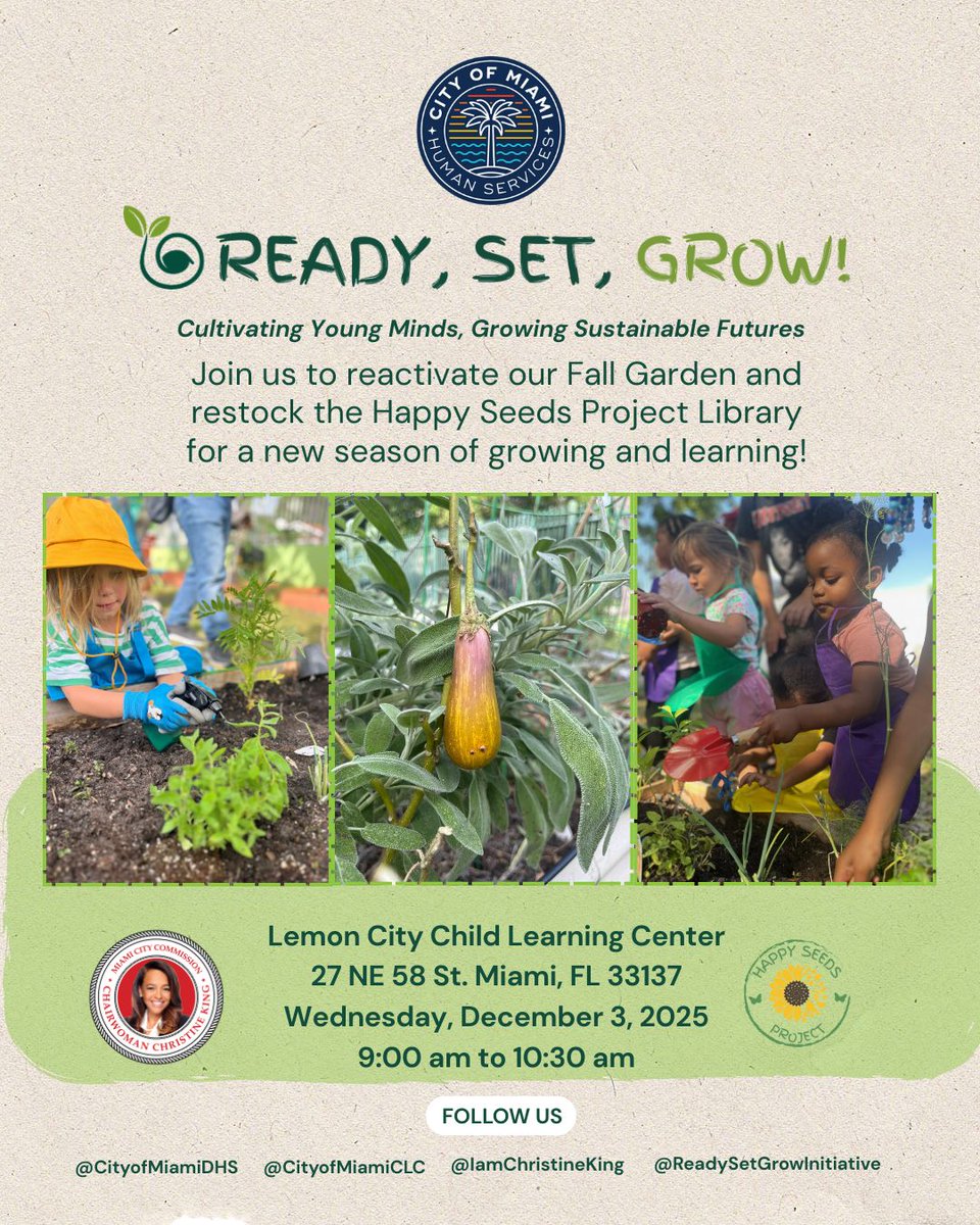 🌱 Ready to grow with us? Join the City of Miami Human Services Department for a morning of planting, learning, and community care! Help reactivate the Fall Garden &amp; restock the Happy Seeds Project Library 🌻
📍 Lemon City CLC 📅 Wed, Dec 3, 2025 ⏰ 9:00–10:30 AM