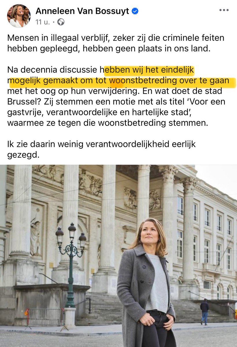 ⚠️ Fake news alert. 

FACEBOOK: minister <a href="/anneleen_vb/">Anneleen Van Bossuyt</a> zegt dat ze woonstbetredingen bij illegalen hebben “mogelijk gemaakt”. 

REALITEIT: Er is nog altijd geen wetsontwerp gestemd! Sterker nog: dit werd zelfs nog niet besproken in commissie, en is zelfs nog niet ingediend!
